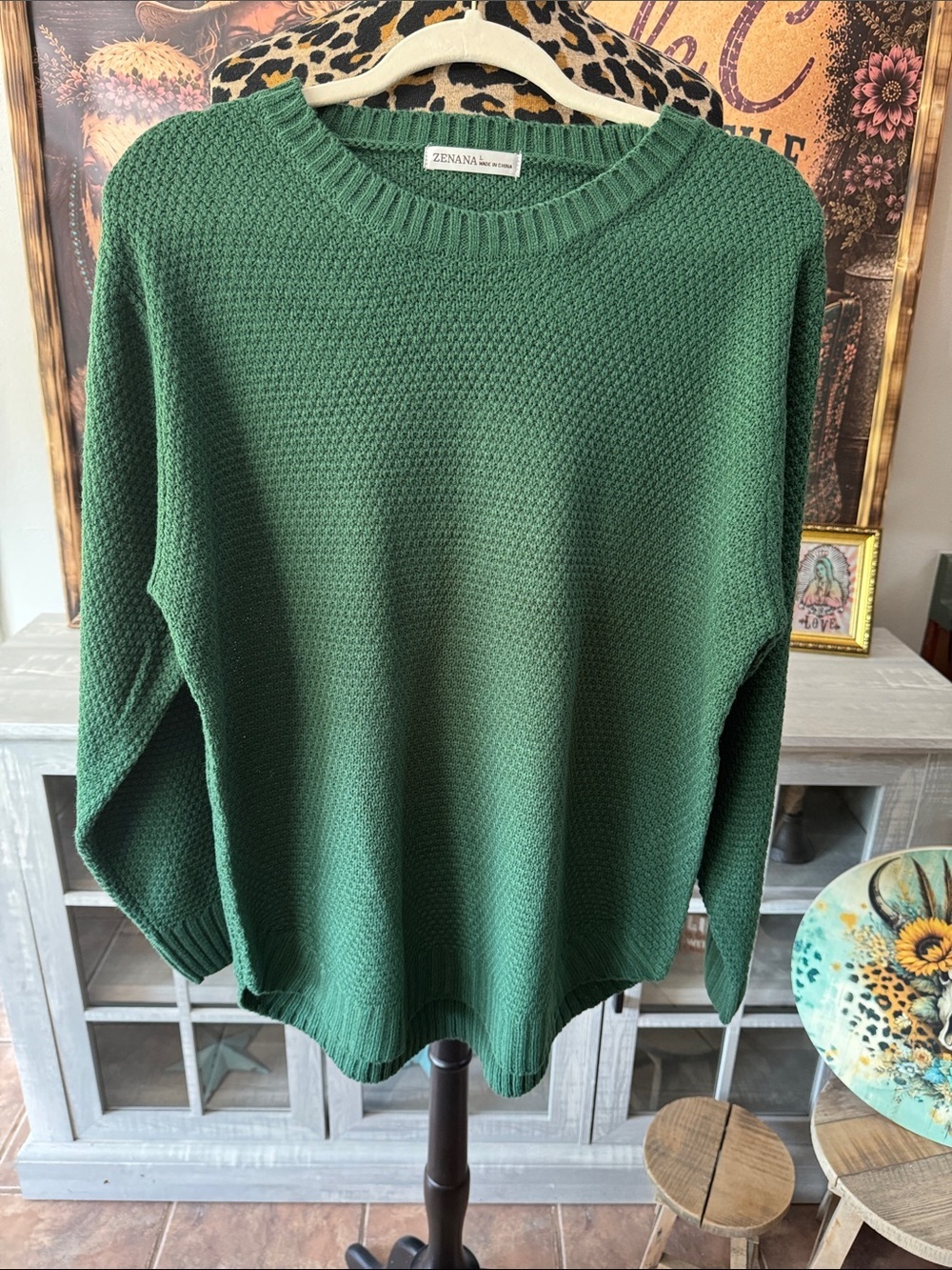 Zenana Outfitters Forest Green Waffle Knit Crewneck Sweater Sz L